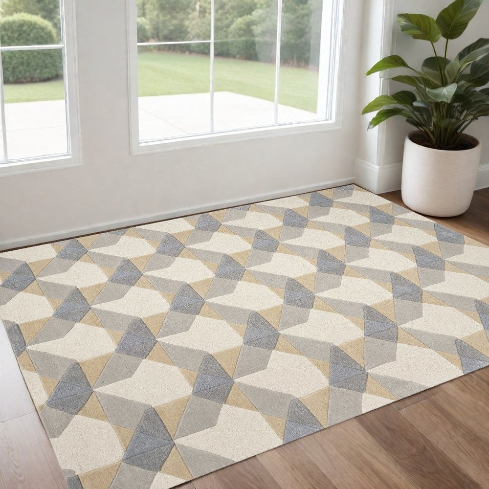 3' X 5' Ivory Gray And Cream Wool Geometric Area Rug