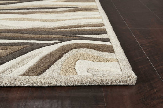 7' Beige Ivory And Black Wool Abstract Hand Tufted Runner Rug