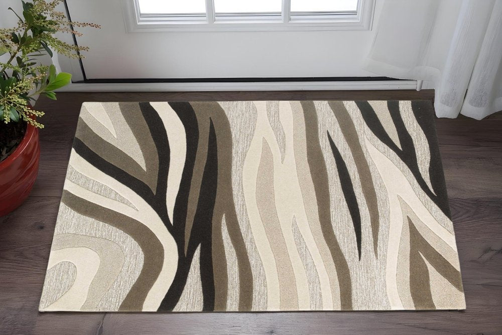 7' Beige Ivory And Black Wool Abstract Hand Tufted Runner Rug