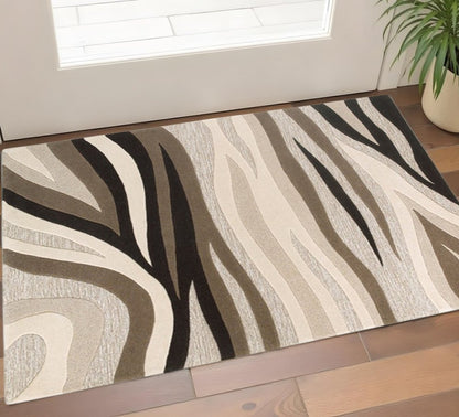 7' Beige Ivory And Black Wool Abstract Hand Tufted Runner Rug
