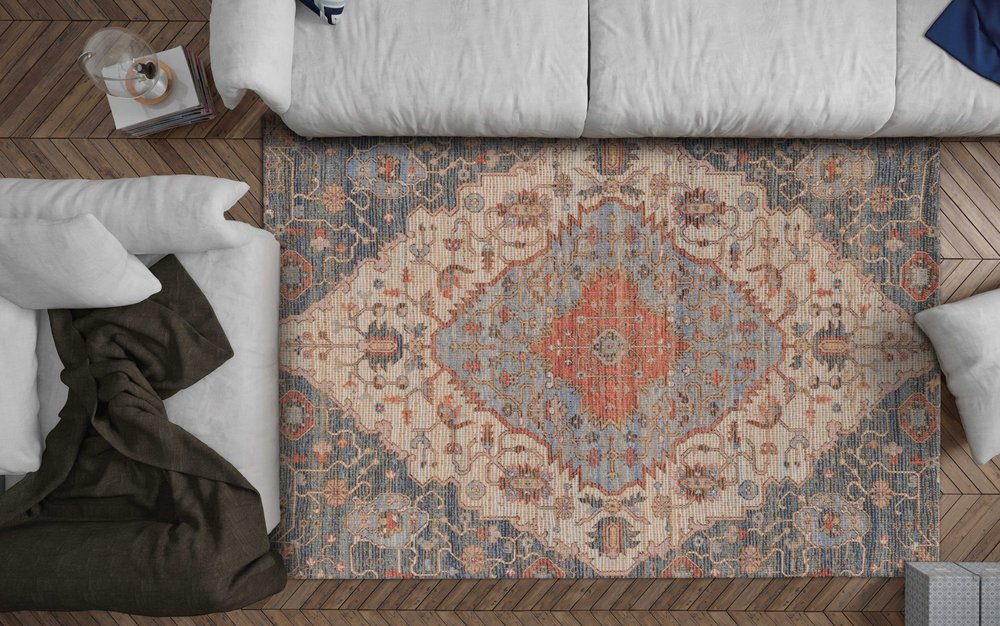 7' X 12' Blue Beige And Brick Red Jute Medallion Handmade Area Rug