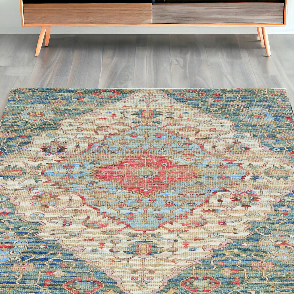 5' X 7' Blue and Beige Medallion Hand Woven Distressed Area Rug