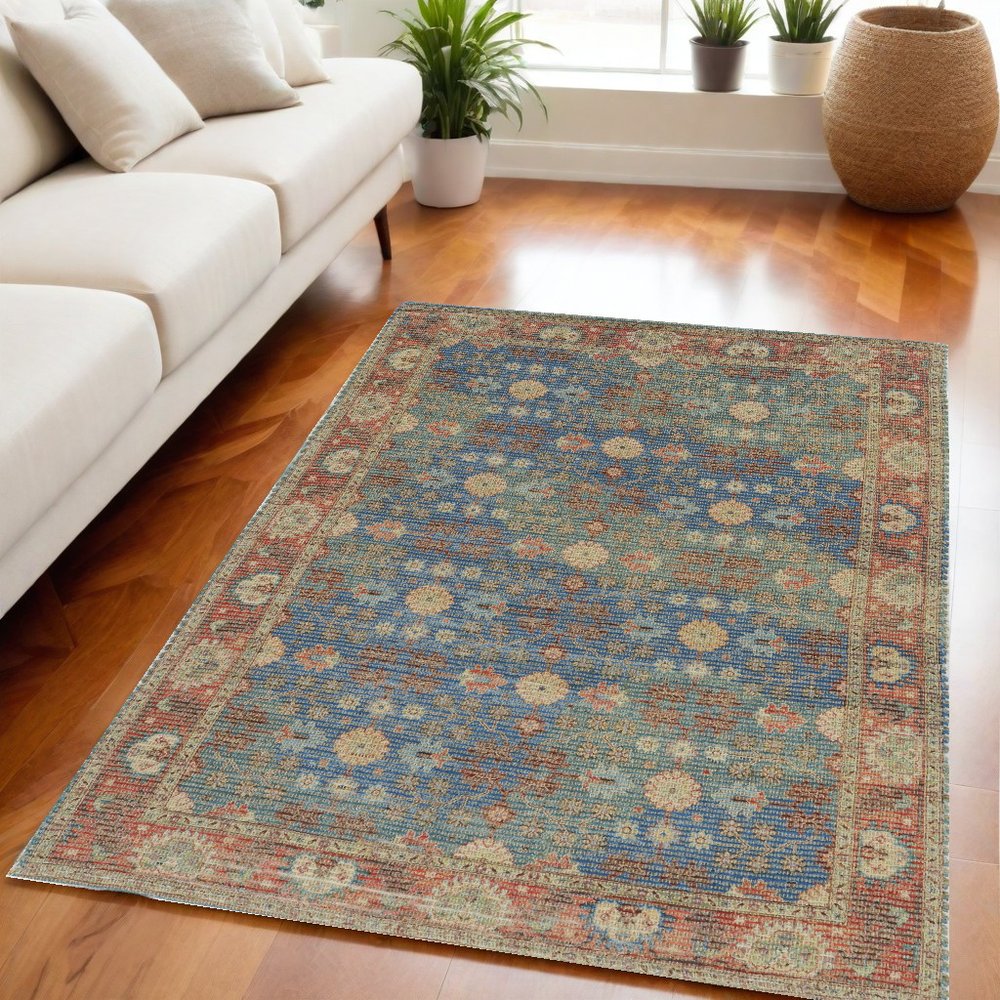 8' X 11' Blue Red And Beige Jute Floral Medallion Handmade Area Rug