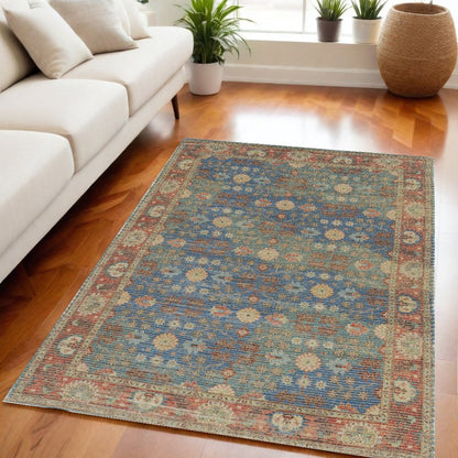 8' X 11' Blue Red And Beige Jute Floral Medallion Handmade Area Rug