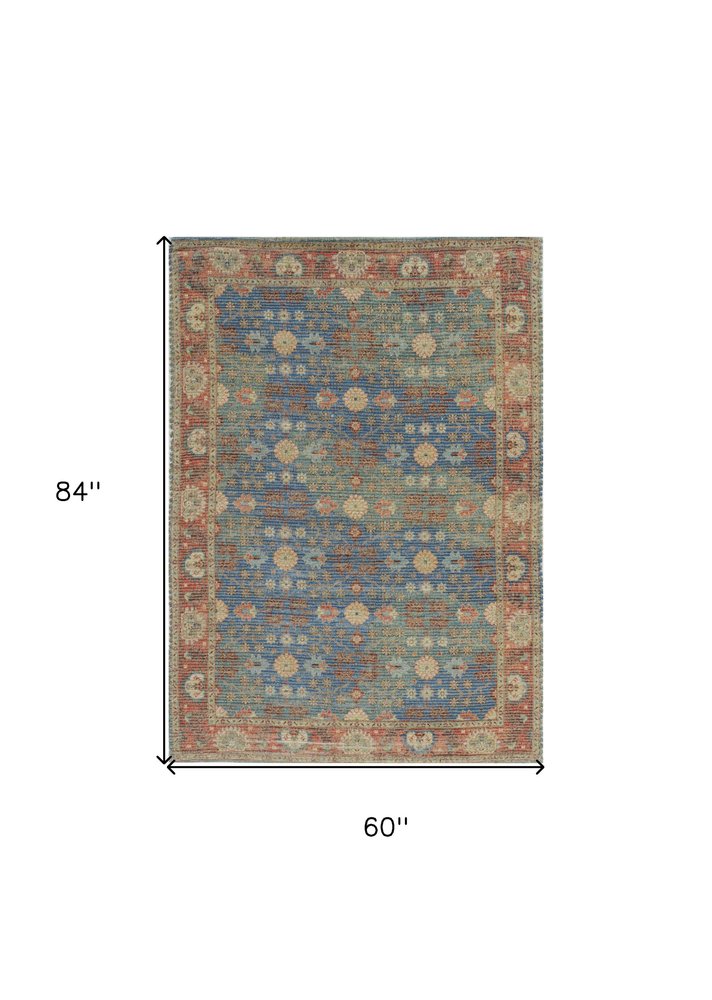 8' X 11' Blue Red And Beige Jute Floral Medallion Handmade Area Rug