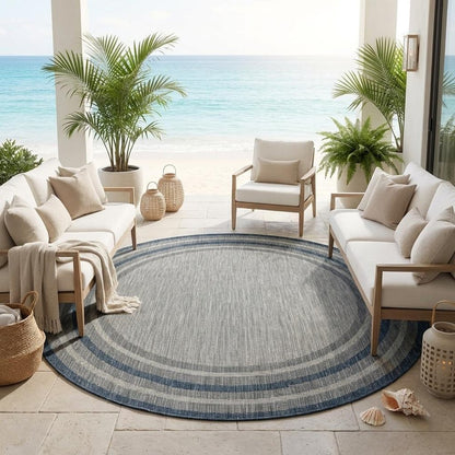 8' X 11' Blue And Gray Striped Indoor Outdoor Area Rug