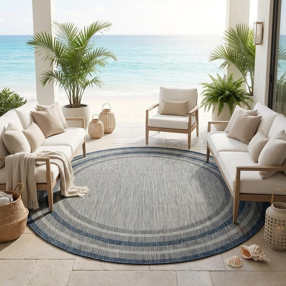8' Blue And Gray Round Striped Indoor Outdoor Area Rug