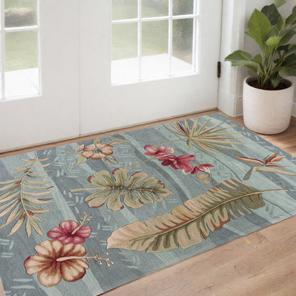 8' X 11' Seafoam Green Machine Woven Tropical Plants Indoor Area Rug