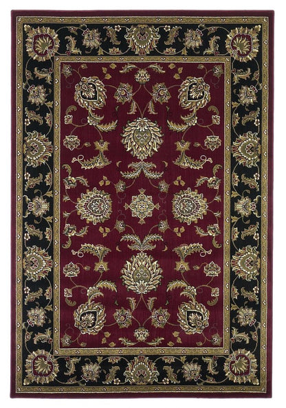 7' Red Black And Gold Floral Medallion Octagon Rug
