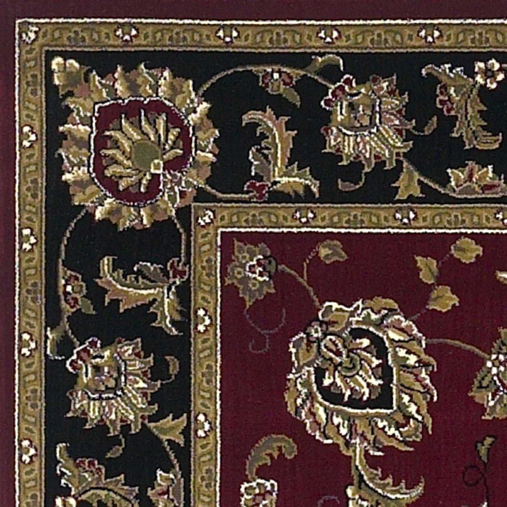 7' Red Black And Gold Floral Medallion Octagon Rug