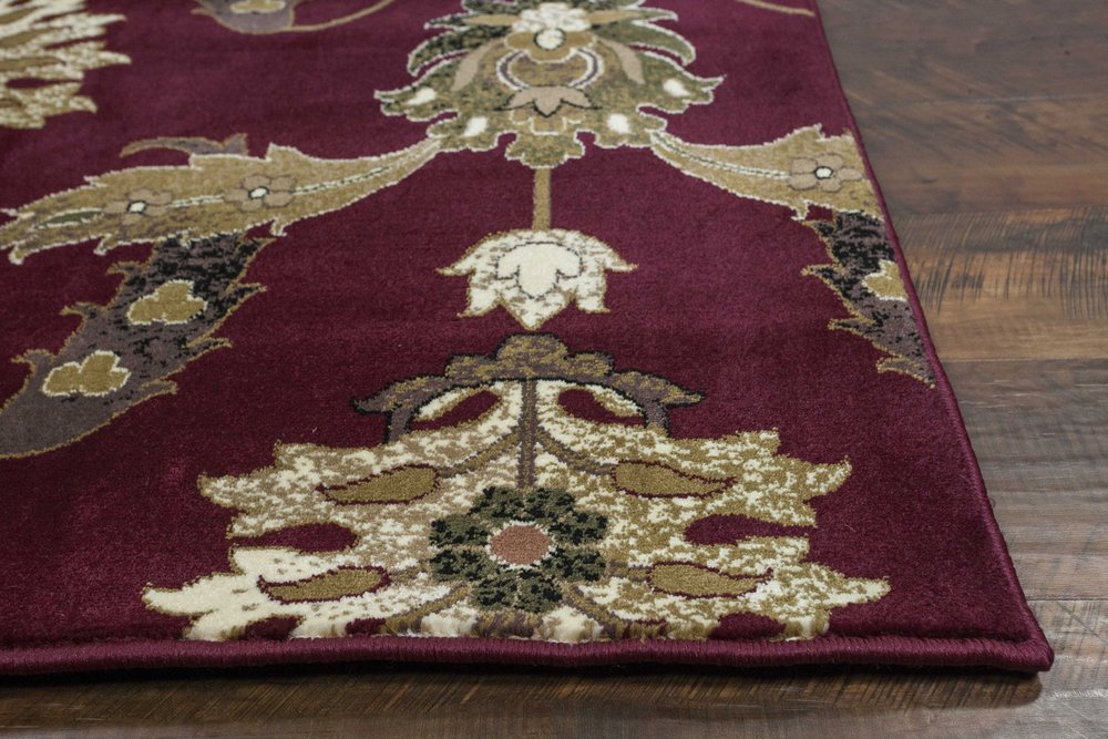 7' Red Beige And Brown Floral Vines Octagon Rug