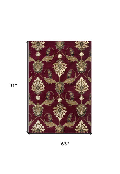 7' Red Beige And Brown Floral Vines Octagon Rug