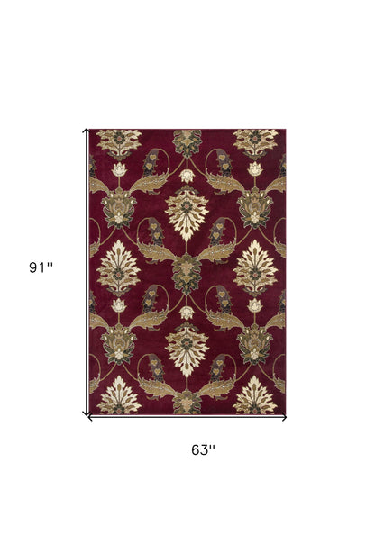 7' Red Beige And Brown Floral Vines Octagon Rug