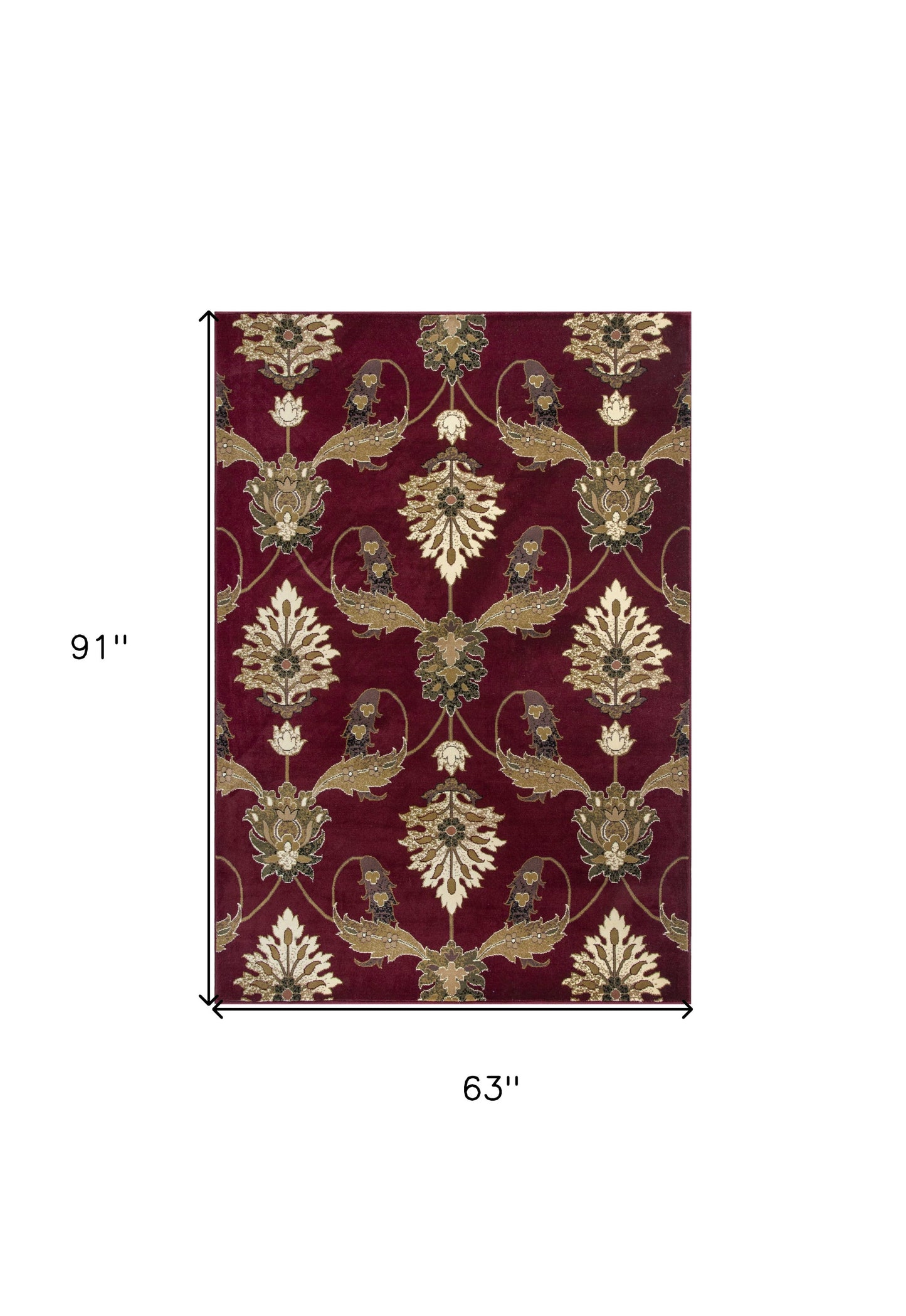 7' Red Beige And Brown Floral Vines Octagon Rug