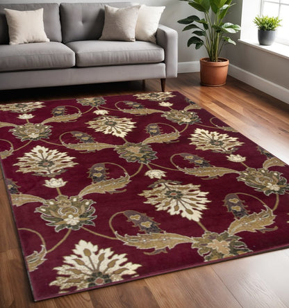 7' Red Beige And Brown Floral Vines Octagon Rug