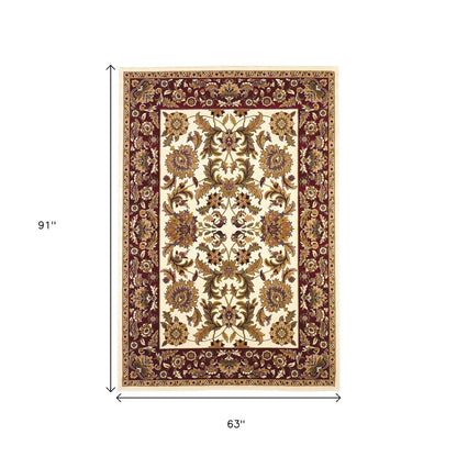 8' Ivory Red And Orange Floral Medallion Octagon Rug