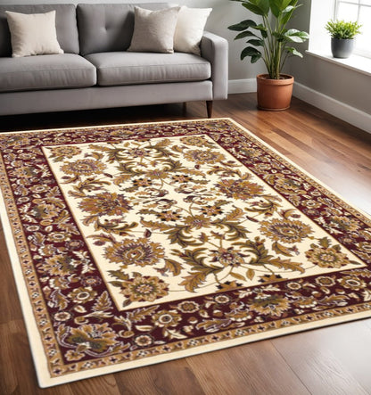 8' Ivory Red And Orange Floral Medallion Octagon Rug