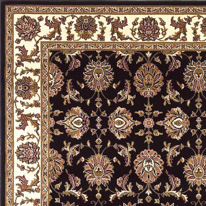 5' X 8' Black Ivory And Brown Floral Medallion Area Rug