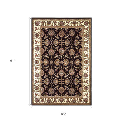 5' X 8' Black Ivory And Brown Floral Medallion Area Rug
