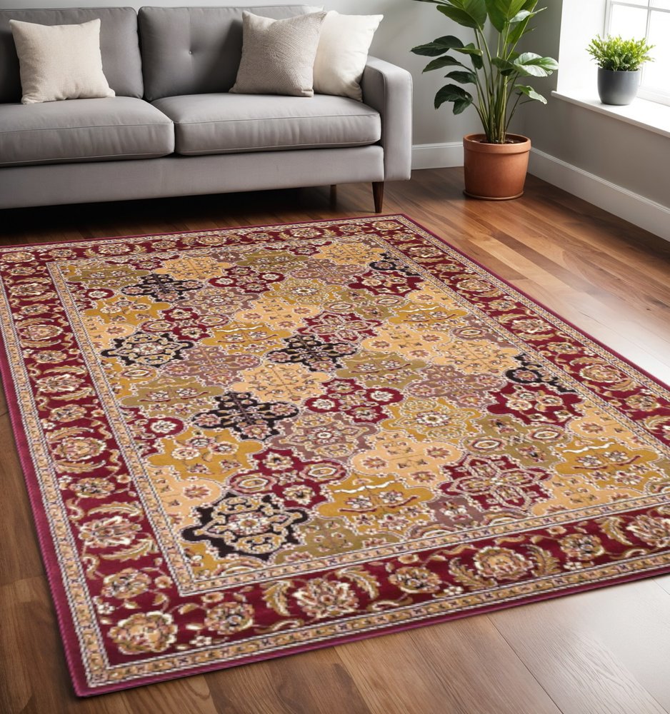 7' Red Orange And Black Quatrefoil Octagon Rug