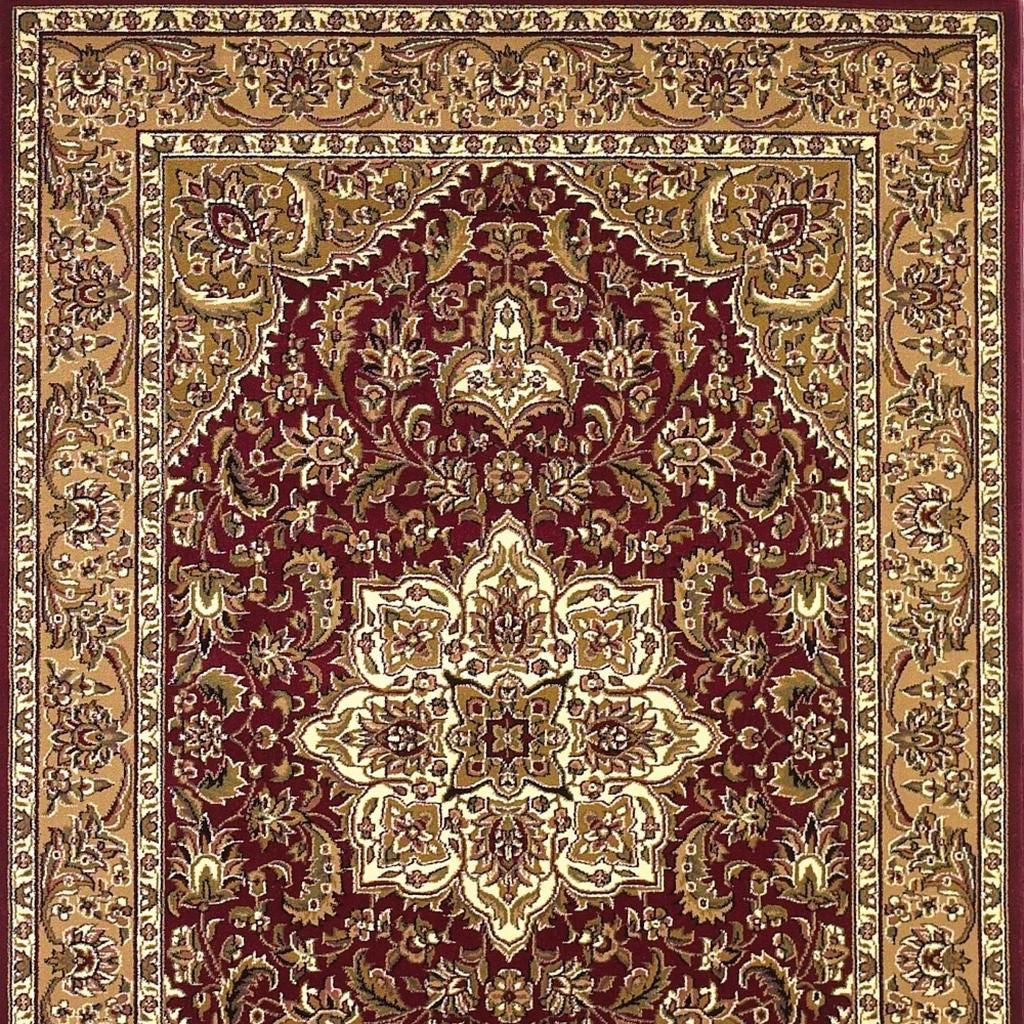 7' Red And Beige Floral Medallion Octagon Rug