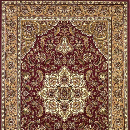 7' Red And Beige Floral Medallion Octagon Rug