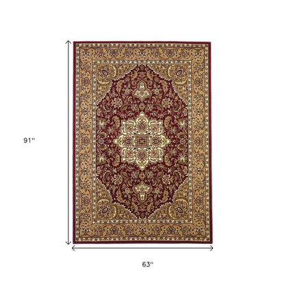 7' Red And Beige Floral Medallion Octagon Rug