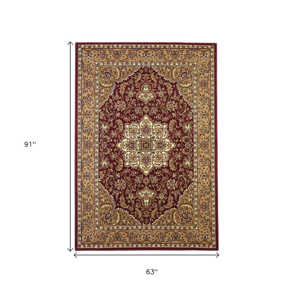 7' Red And Beige Floral Medallion Octagon Rug