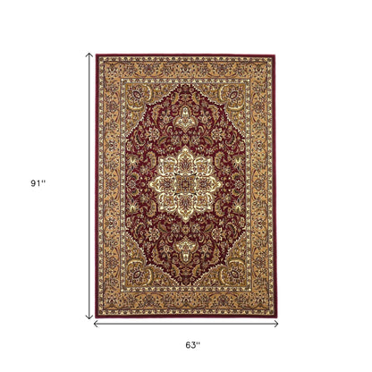 7' Red And Beige Floral Medallion Octagon Rug