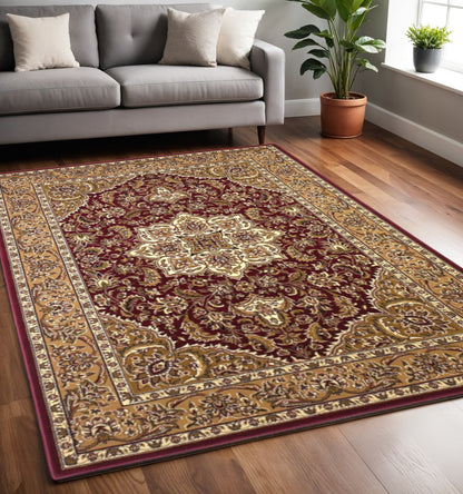 7' Red And Beige Floral Medallion Octagon Rug
