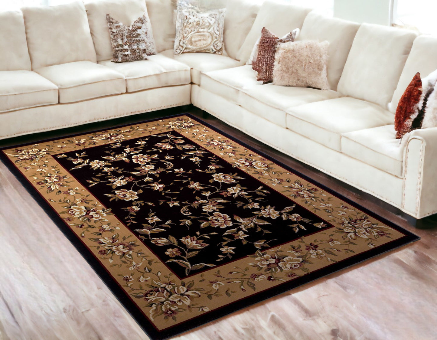 5' X 8' Black Beige Machine Woven Floral Vines Indoor Area Rug