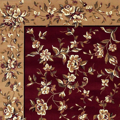 7' Red And Beige Floral Vines Octagon Rug
