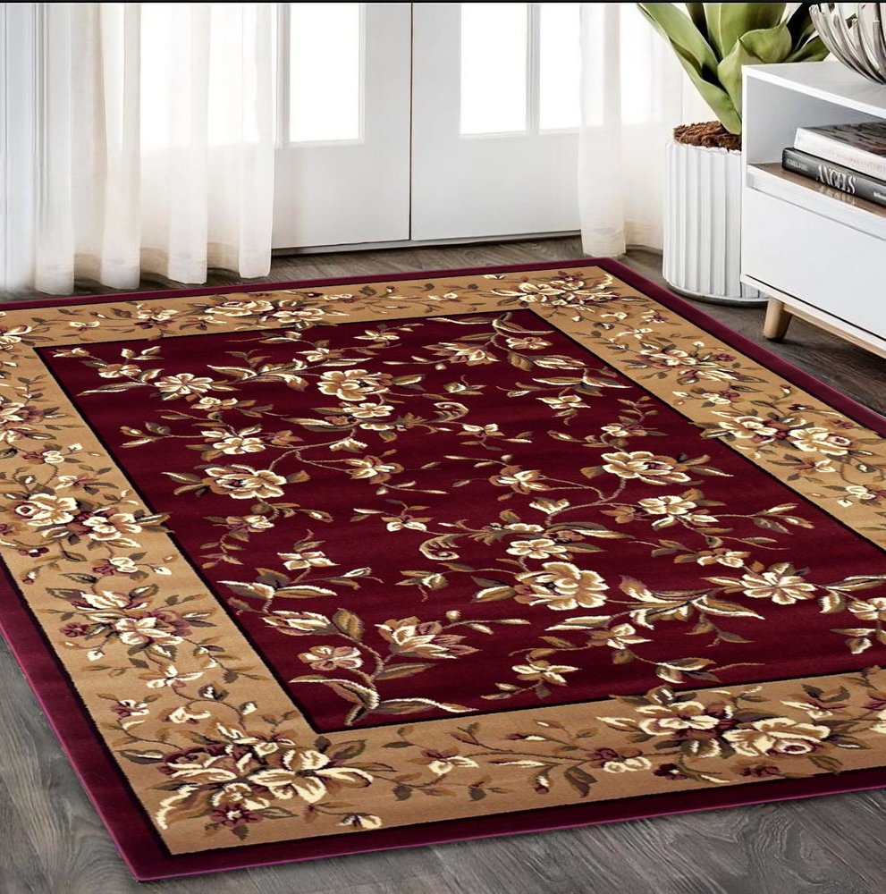 7' Red And Beige Floral Vines Octagon Rug