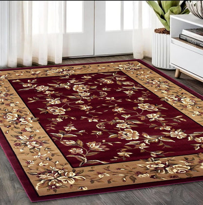 7' Red And Beige Floral Vines Octagon Rug