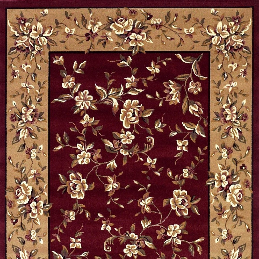 7' Red And Beige Floral Vines Octagon Rug