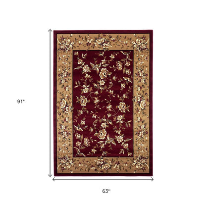 7' Red And Beige Floral Vines Octagon Rug