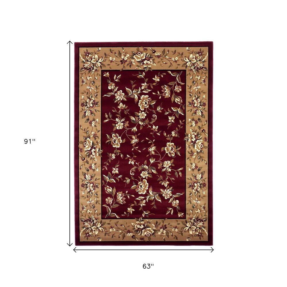 7' Red And Beige Floral Vines Octagon Rug