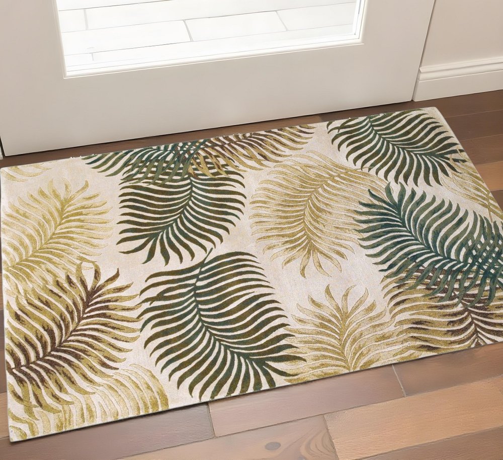 3' X 5' Natural Green And Brown Wool Botanical Leaves Hand Tufted Area Rug