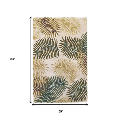 3' X 5' Natural Green And Brown Wool Botanical Leaves Hand Tufted Area Rug