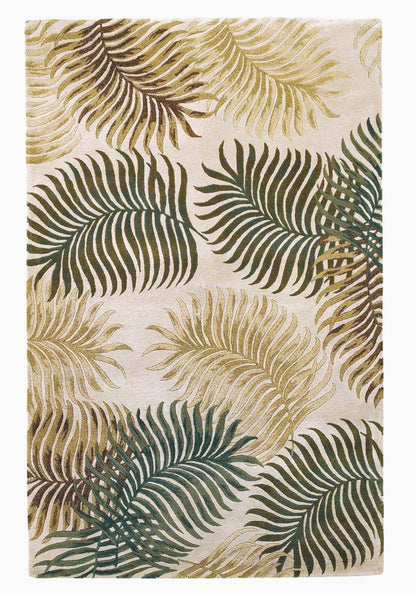8' Beige Green And Brown Wool Botanical Leaves Hand Tufted Round Rug