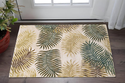 3' X 5' Natural Green And Brown Wool Botanical Leaves Hand Tufted Area Rug