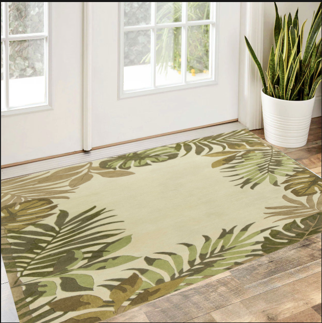 5' X 8' Ivory Hand Tufted Bordered Tropical Leaves Indoor Area Rug