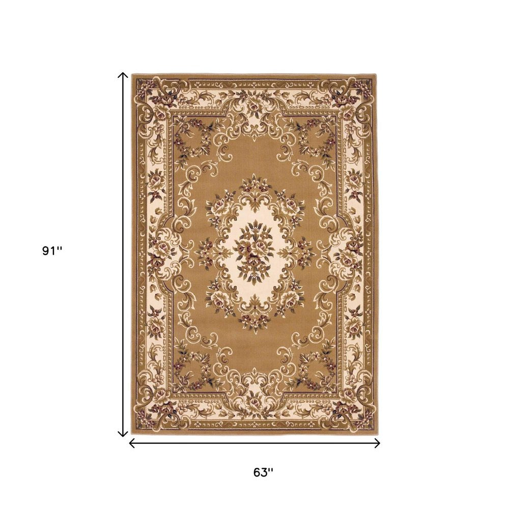 8' X 11' Beige Ivory And Brown Floral Medallion Area Rug