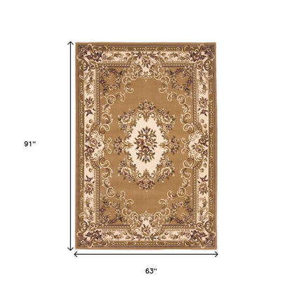 8' X 11' Beige Ivory And Brown Floral Medallion Area Rug