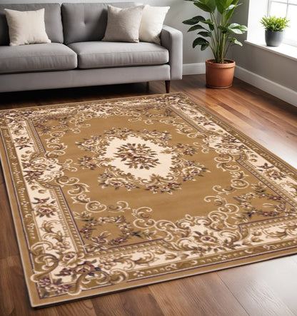 8' X 11' Beige Ivory And Brown Floral Medallion Area Rug