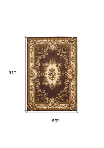 5' X 8' Plum And Ivory Floral Medallion Area Rug