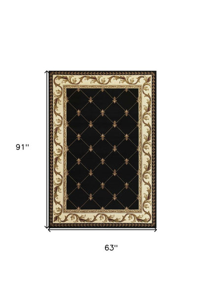 5' X 8' Brown Black And Ivory Floral Vines Area Rug