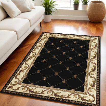 5' X 8' Black and Tan Fleur de Lis Diamond Border Area Rug