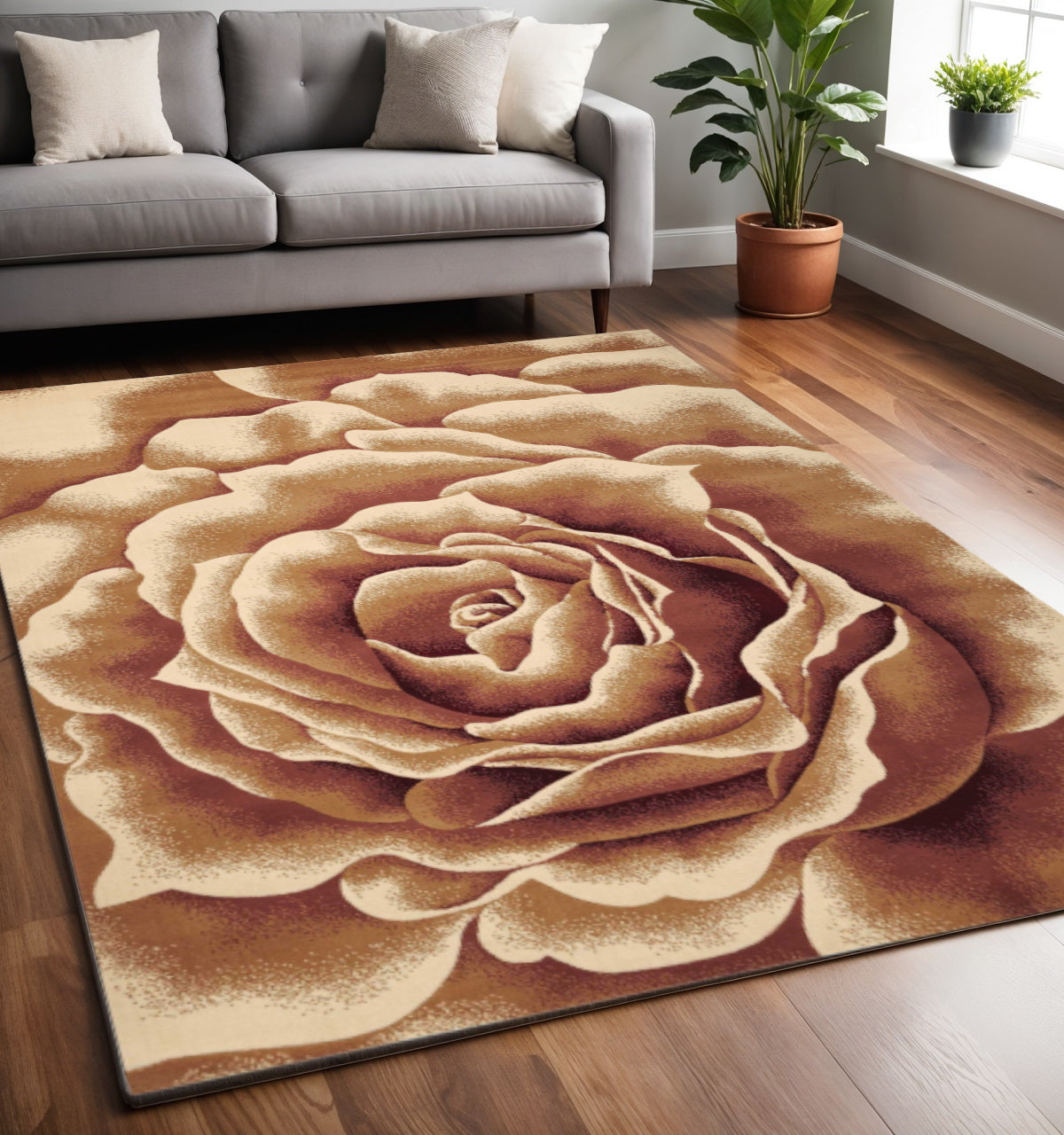 2' X 3' Ivory Brown And Red Floral Area Rug