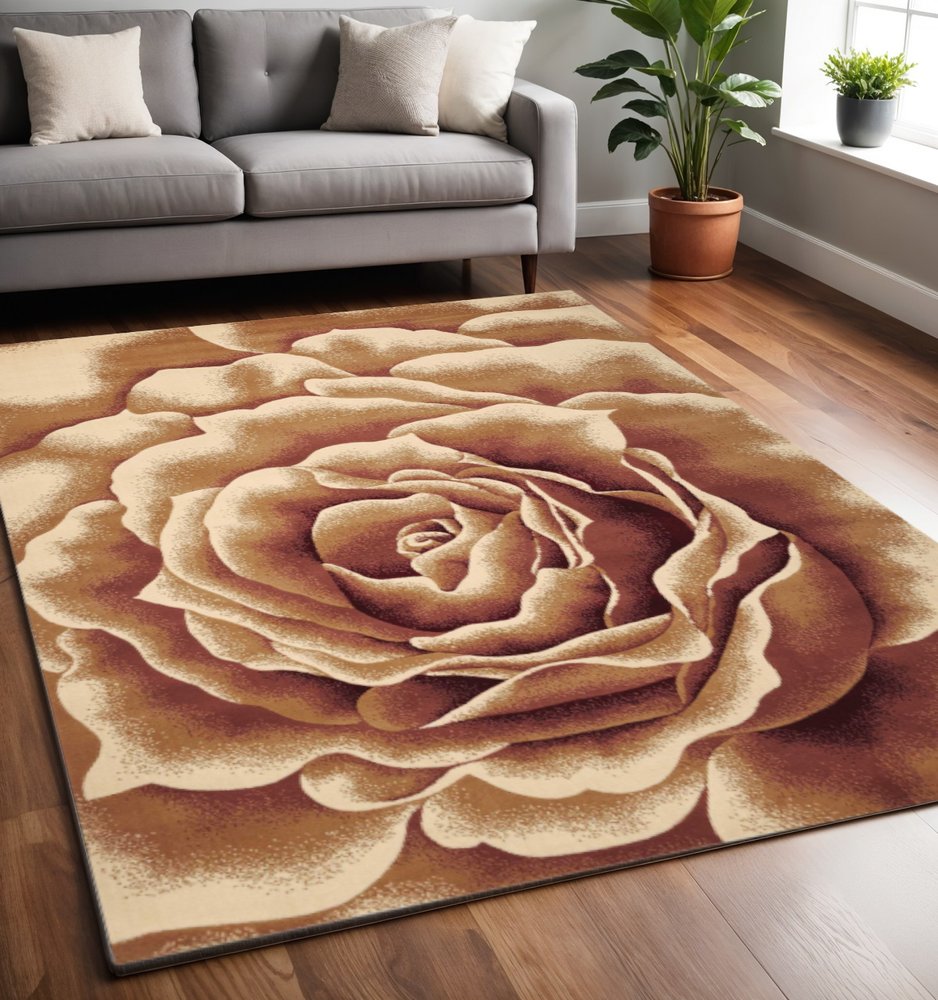 2' X 3' Ivory Brown And Red Floral Area Rug